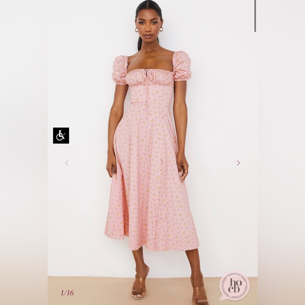 House of CB Tallulah Pink Floral Puff Sleeve Midi Dress size Small